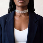 Silver Tierra choker, a Miyuki seed bead choker, worn with a navy blazer and white top