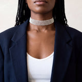Silver Tierra choker, a Miyuki seed bead choker, worn with a navy blazer and white top