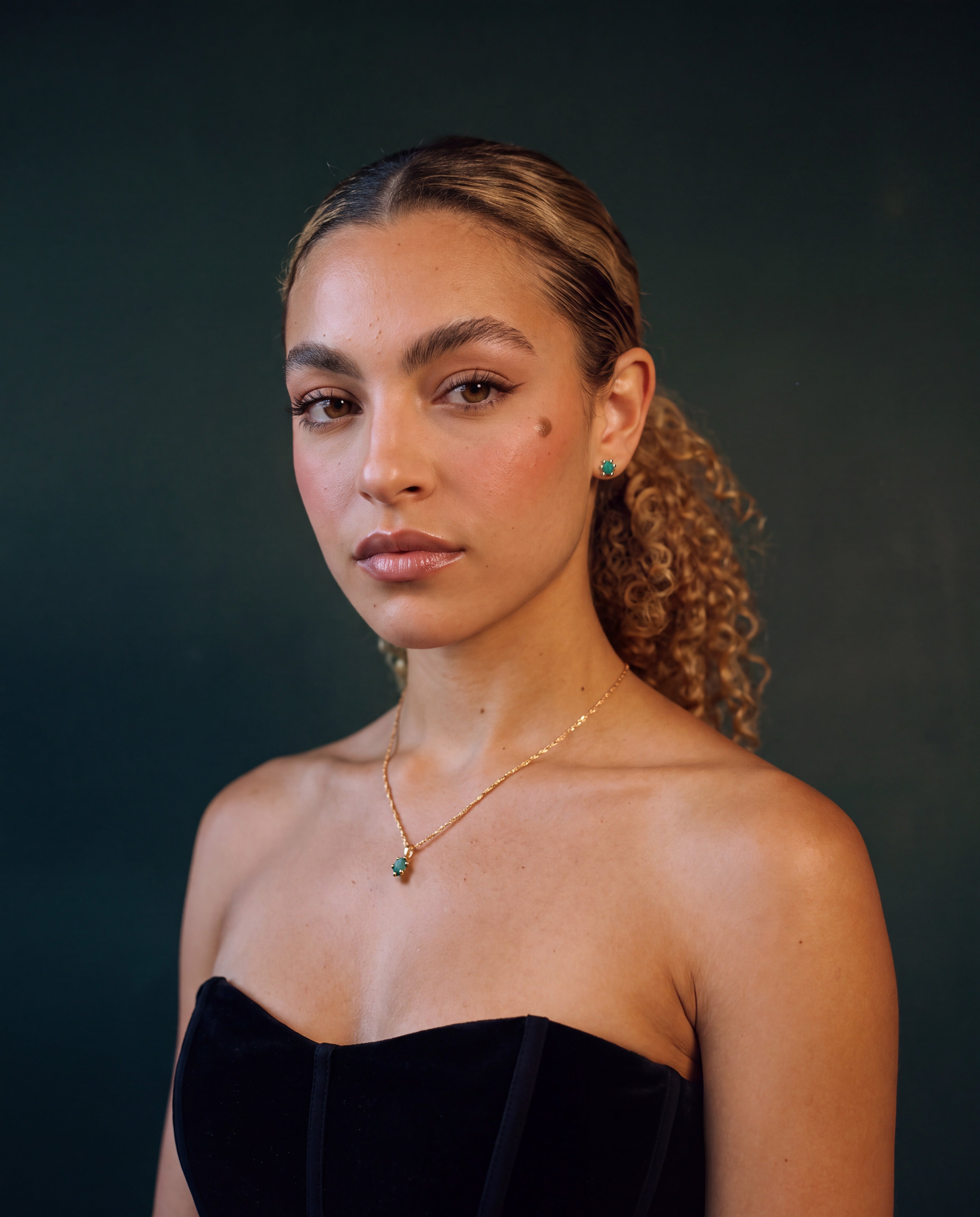 The Raw Emerald Set, necklace and studs worn